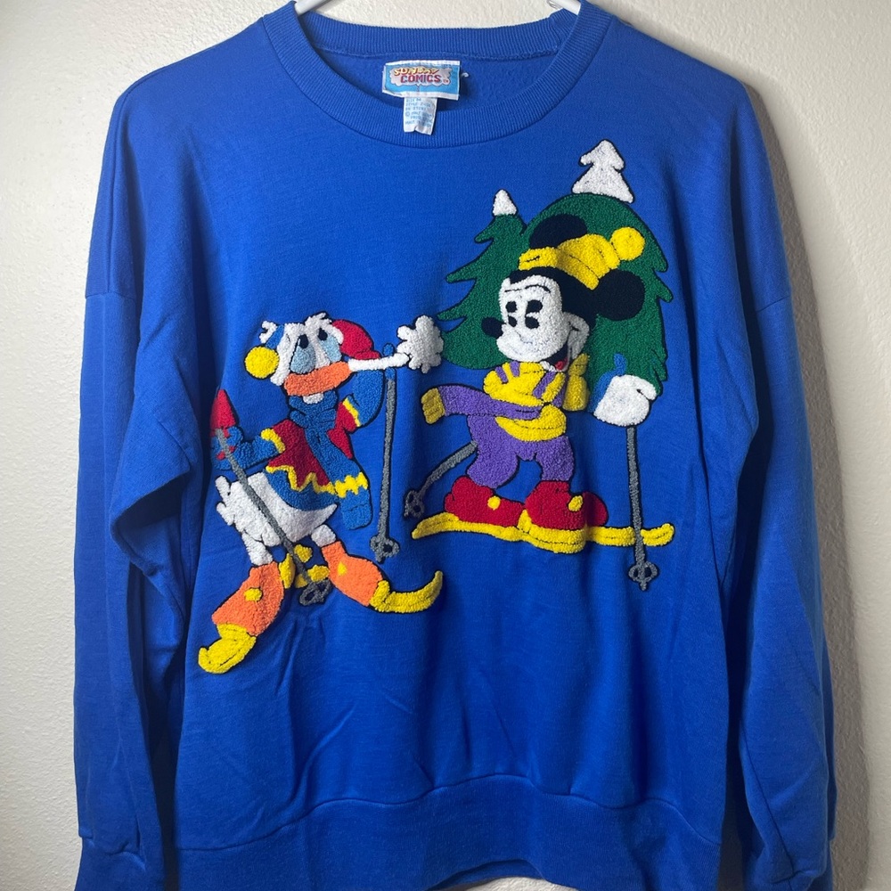Vintage Disney Sunday Comics Donald Duck & Minnie Mouse Skiing Blue Size Medium